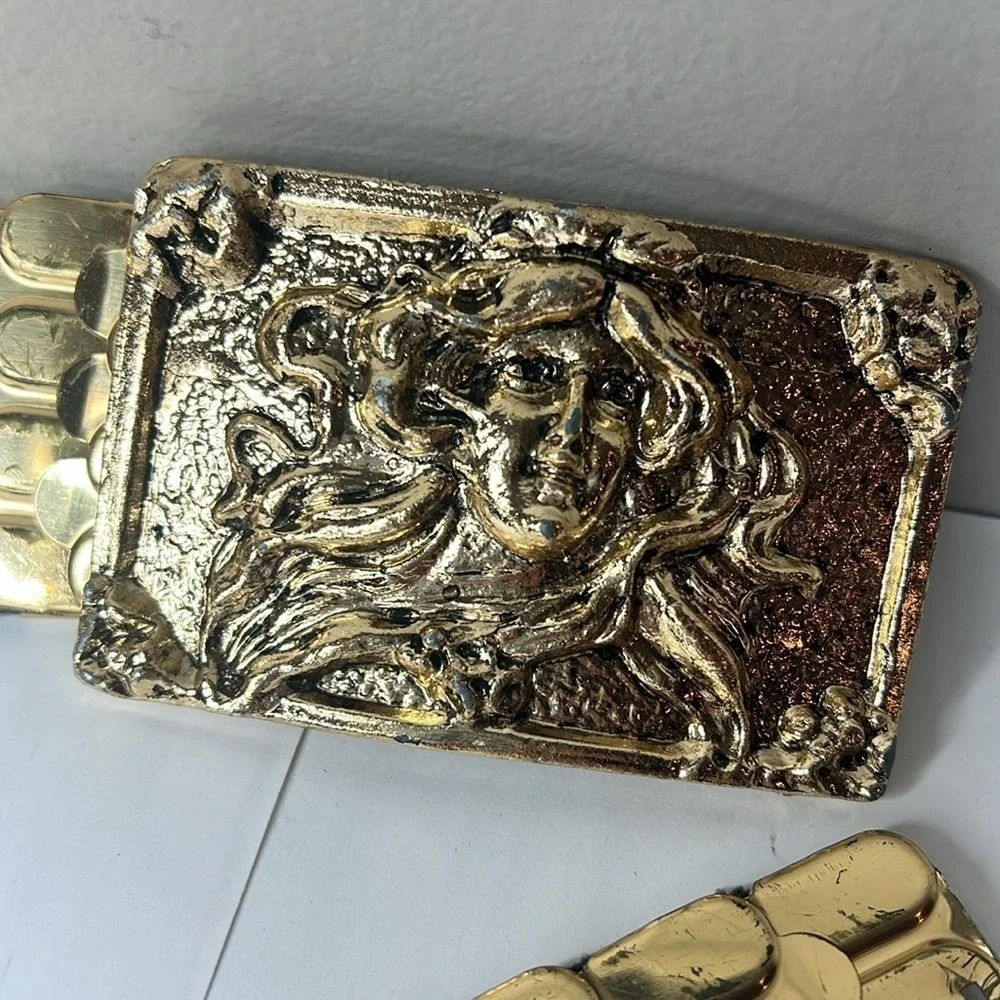 Vintage XL 36-44” Elastic Goldtone Metal Front Clasp Art Buckle Belt